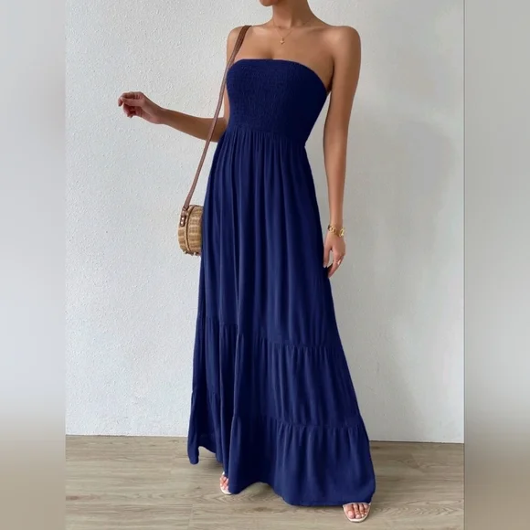 blue tube top maxi dress Tube Top Sequin Blue Maxi Dress RJ11580
